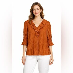 Laura Ashley Ruffle Blouse – Rust Brown Textured Top – Size L – NWT